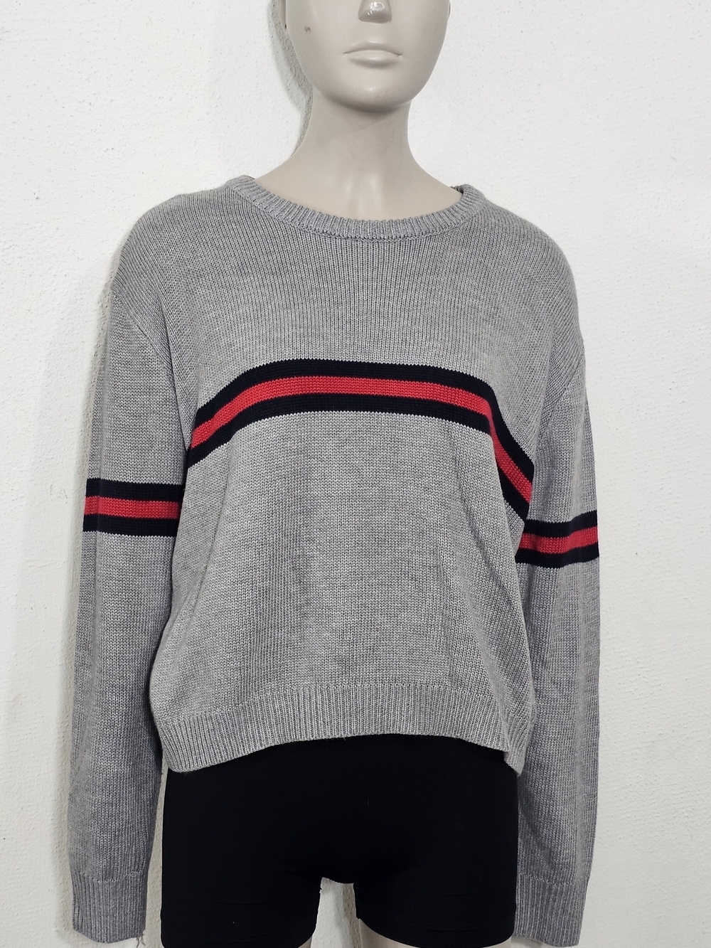Cotton Emporium Grey Crewneck Sweater with Red and Black Stripes